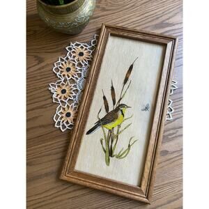 Vintage Western Meadow Lark Bird Art Painting On Glass Wood Framed Bird Art